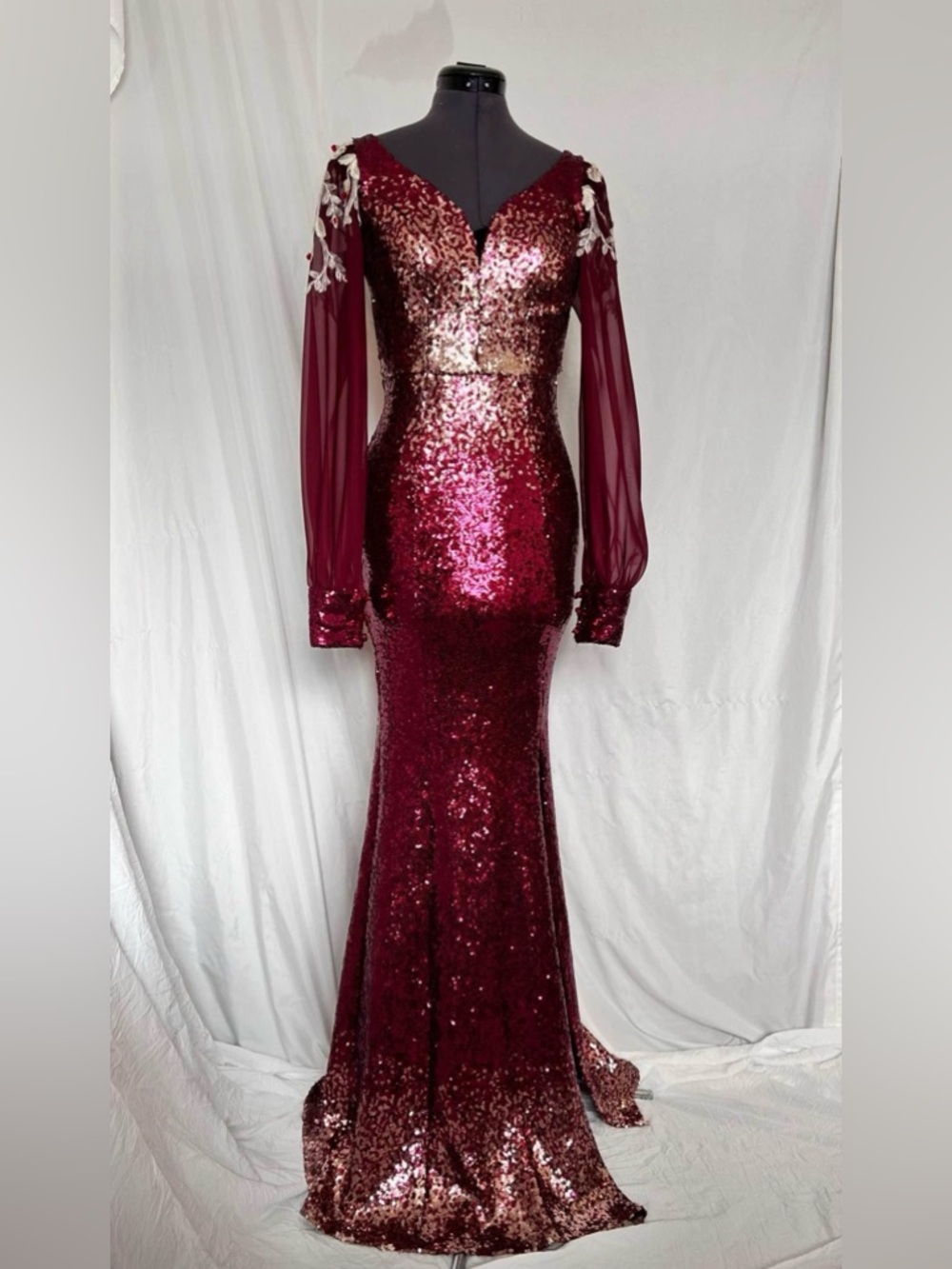 Sequin Burgundy and gold Long-Sleeve Evening Gown / prom